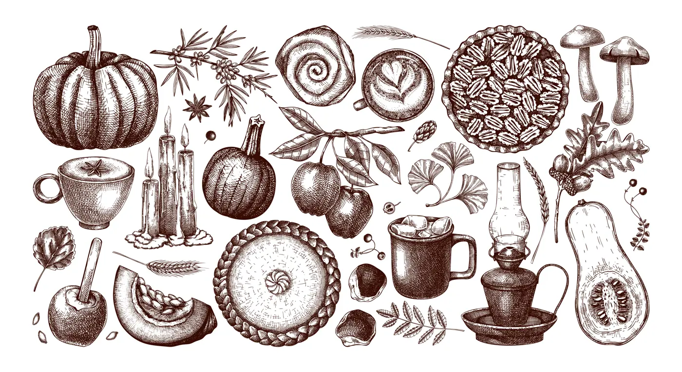Vintage autumn hand-drawn vector illustration. Pumpkin, hot drink, fruit, pie, pastry, fall leaves sketches. Thanksgiving design elements in engraved style Illustration